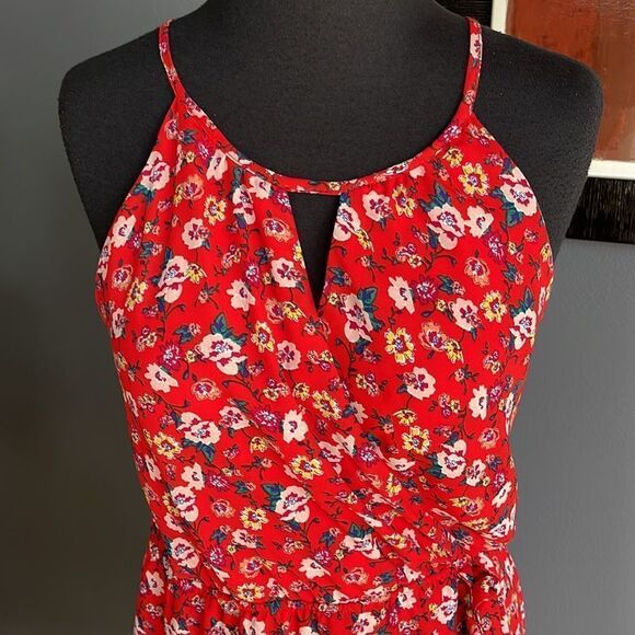 Harper Hertage red floral crepe split neckline wrap bodice ruffle skirt halter - Picture 3 of 9